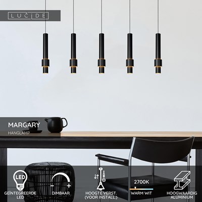 Lucide MARGARY - Hanglamp - LED Dimb. - 5x4,2W 2700K - Zwart